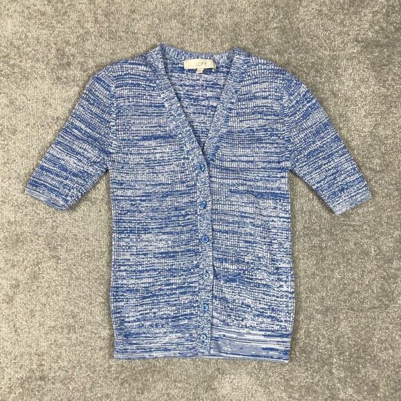 LOFT Women’s XS Short Sleeve Blue White Knit Button Down Cardigan Sweater NWT - Picture 1 of 4